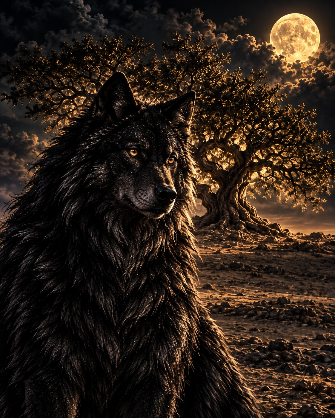 Portrait of the black wolf facing the viewer, with Bahrain’s Tree of Life behind him