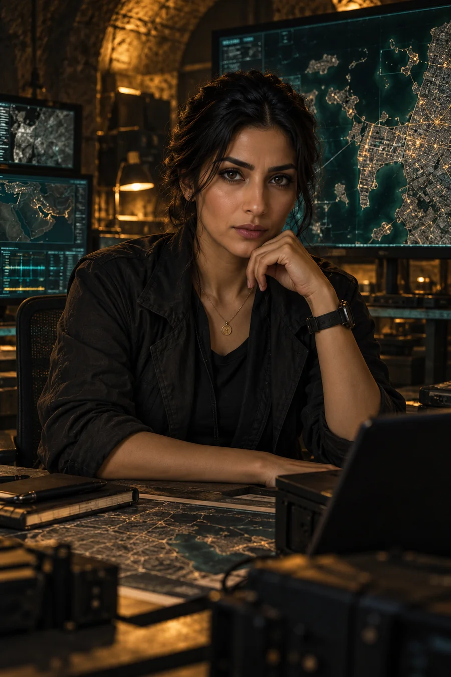 Mary in contemporary dark clothing at the operations centre