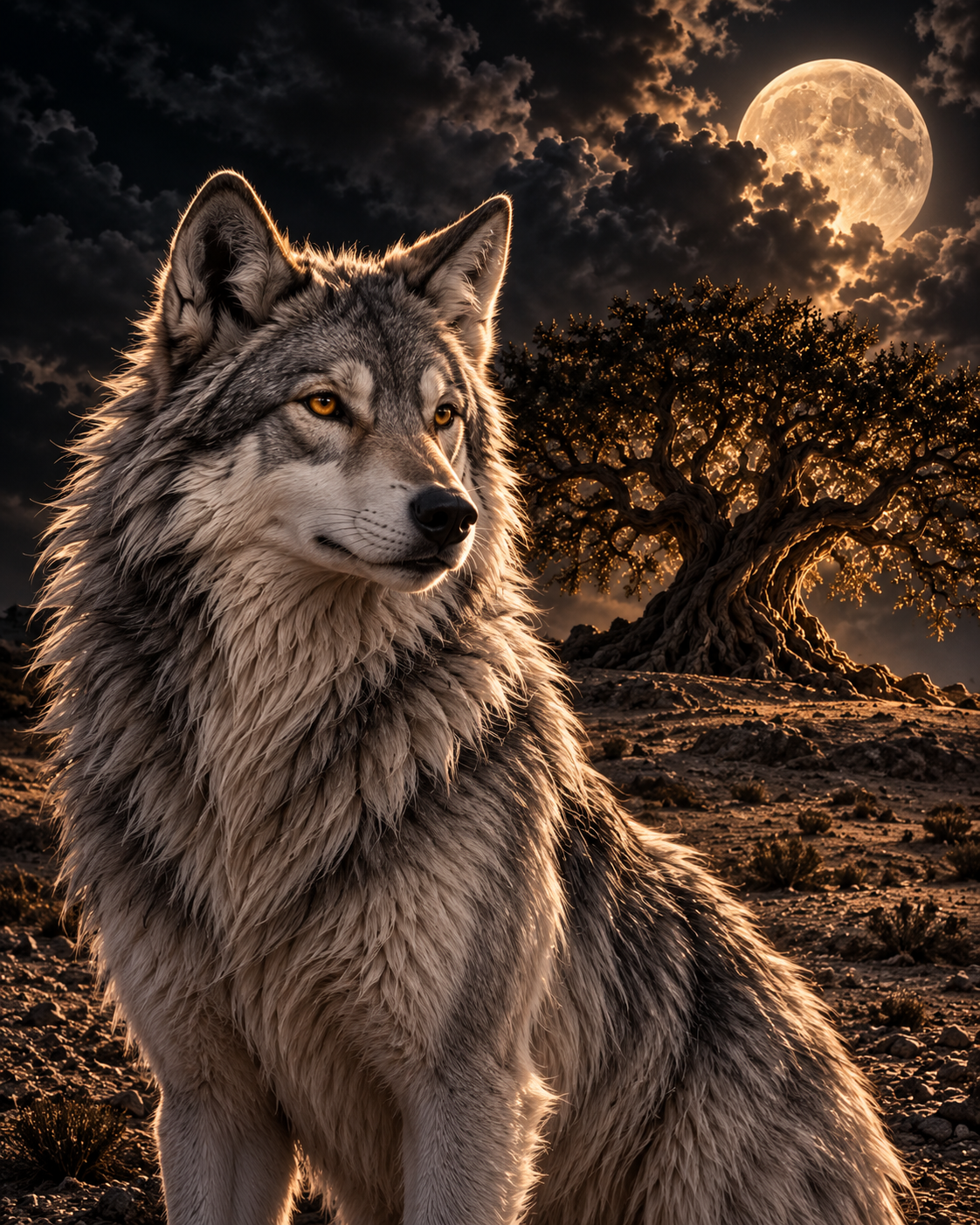 Portrait of the silver female wolf facing the viewer, with Bahrain’s Tree of Life behind her